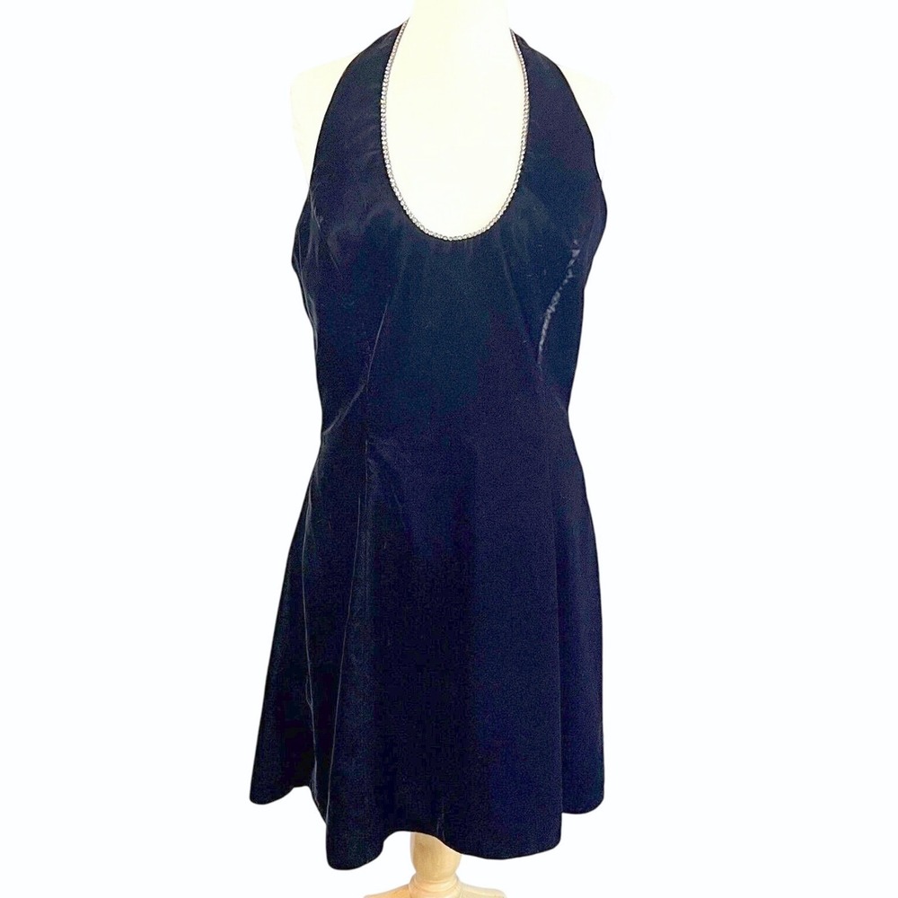 Vintage Gunne Sax Backless Dress Black Velvet Rhinestones LBD 13/14 80s 90s‎